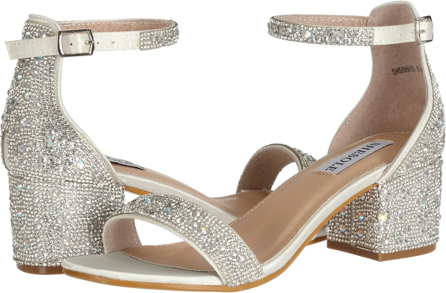 SheSole Women's Open Toe Strappy Low Block Heel Bling Rhinestone Sandals for Wedding Bride Dress Shoes