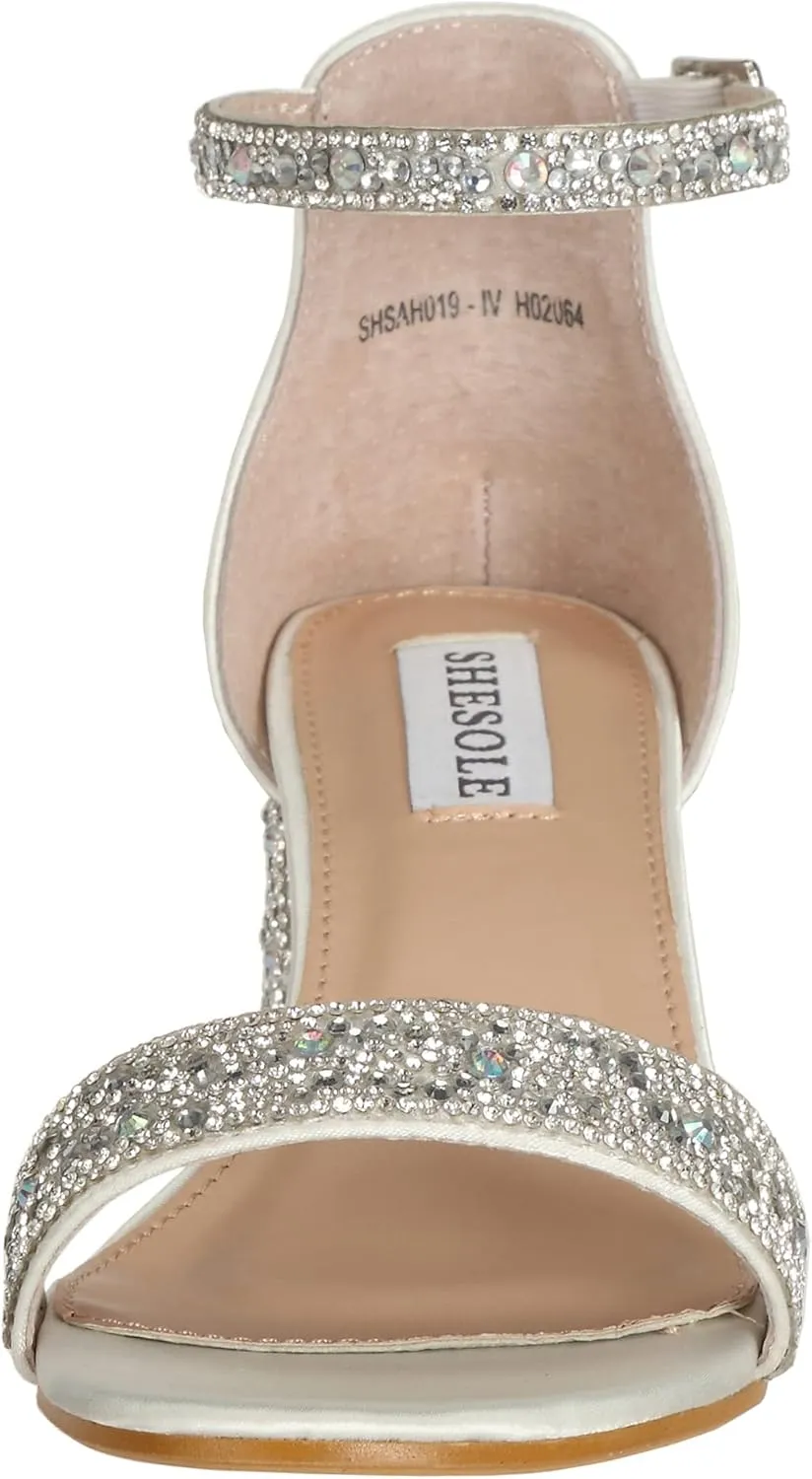SheSole Women's Open Toe Strappy Low Block Heel Bling Rhinestone Sandals for Wedding Bride Dress Shoes