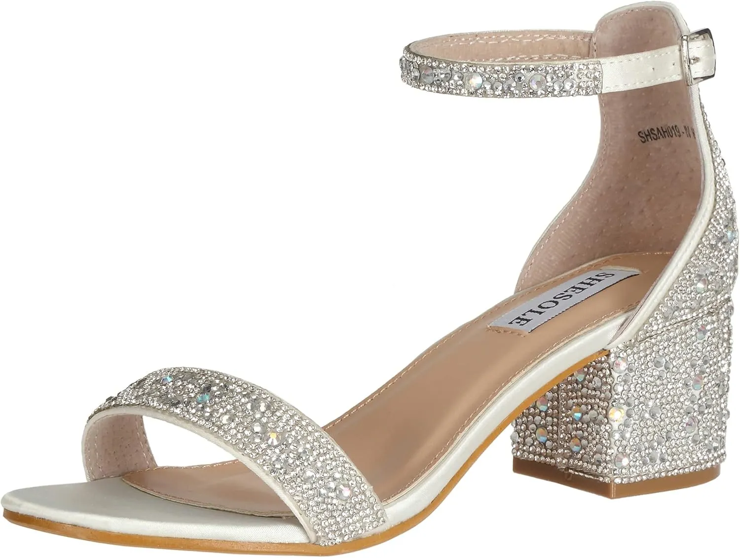 SheSole Women's Open Toe Strappy Low Block Heel Bling Rhinestone Sandals for Wedding Bride Dress Shoes