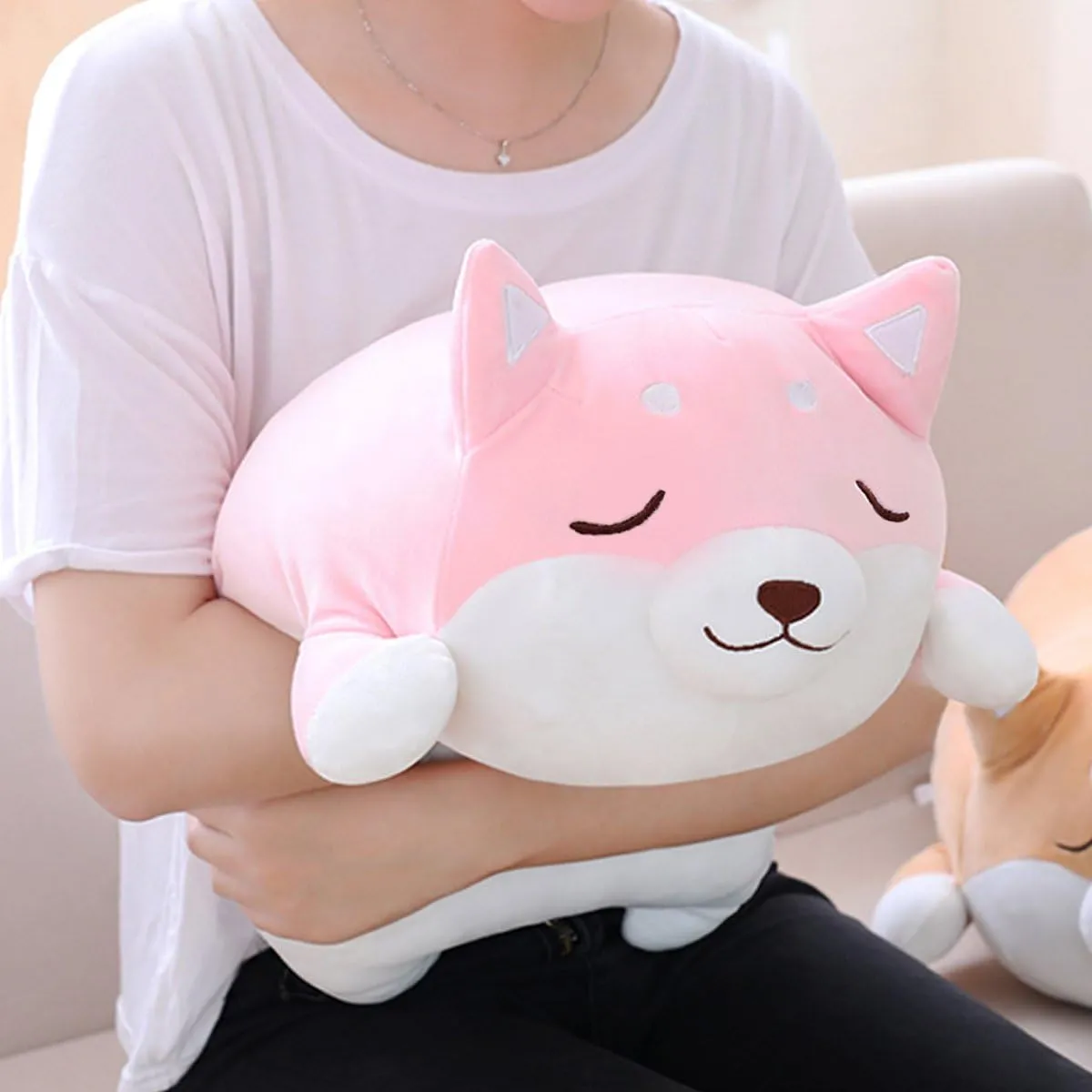 Shiba Inu Dog Plush Pillow, Cute Corgi Akita Stuffed Animals Doll Toy Gifts for Valentine's Gift, Christmas,Sofa Chair, Pink Blink, 22.8"