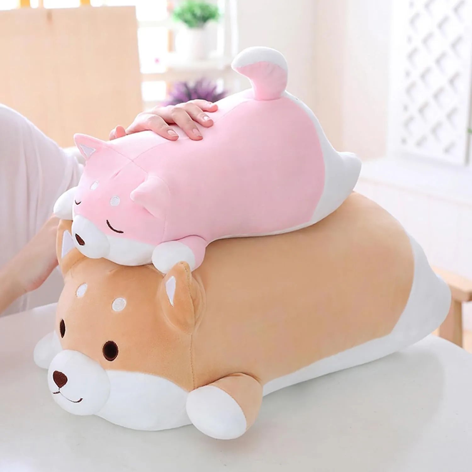 Shiba Inu Dog Plush Pillow, Cute Corgi Akita Stuffed Animals Doll Toy Gifts for Valentine's Gift, Christmas,Sofa Chair, Pink Blink, 22.8"