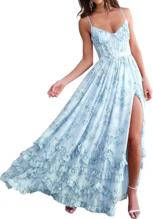 SHSUREVE Floral Print Prom Dresses for Women Ruffle Chiffon Evening Dress Tiered Long Formal Gowns with Slit