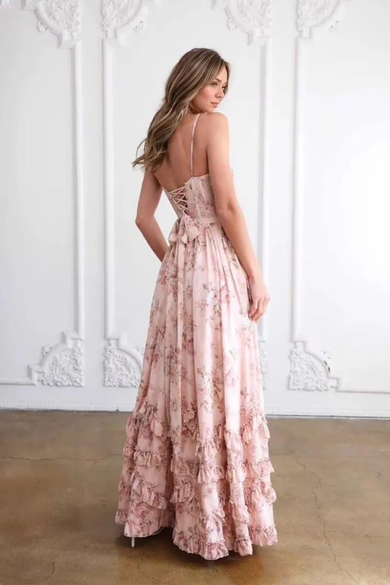 SHSUREVE Floral Print Prom Dresses for Women Ruffle Chiffon Evening Dress Tiered Long Formal Gowns with Slit