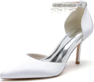 Silk Pearl Wedding Shoes Bride Pointed Toe Ankle Buckle Strap Bridesmaid High Heels Women Bridal Party Pumps 8.5Cm