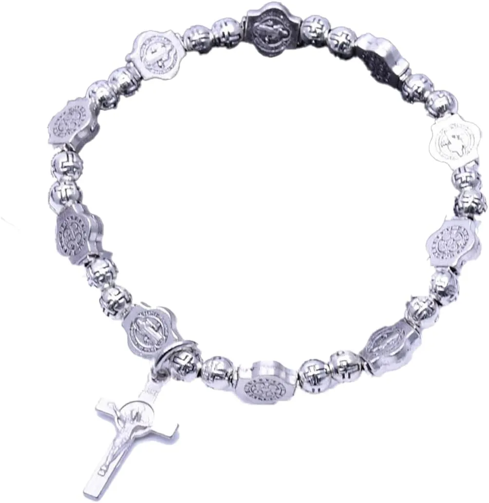 Silver Cross Women's Rosary Bracelet - Stainless Steel Flower Link Jesus Cross Crucifix Charm Hematite Vintage Gothic Punk Bracelet