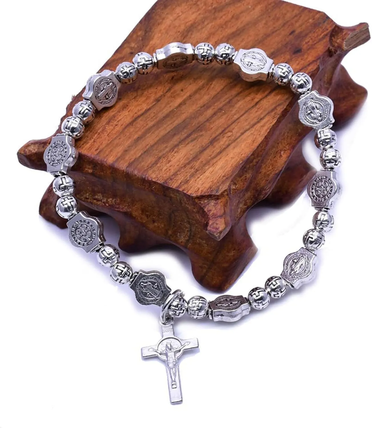 Silver Cross Women's Rosary Bracelet - Stainless Steel Flower Link Jesus Cross Crucifix Charm Hematite Vintage Gothic Punk Bracelet