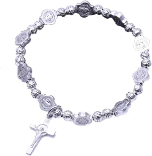 Silver Cross Women's Rosary Bracelet - Stainless Steel Flower Link Jesus Cross Crucifix Charm Hematite Vintage Gothic Punk Bracelet