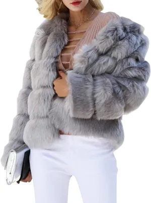 Simplee Women Luxury Winter Warm Fluffy Faux Fur Short Coat Jacket Parka Outwear