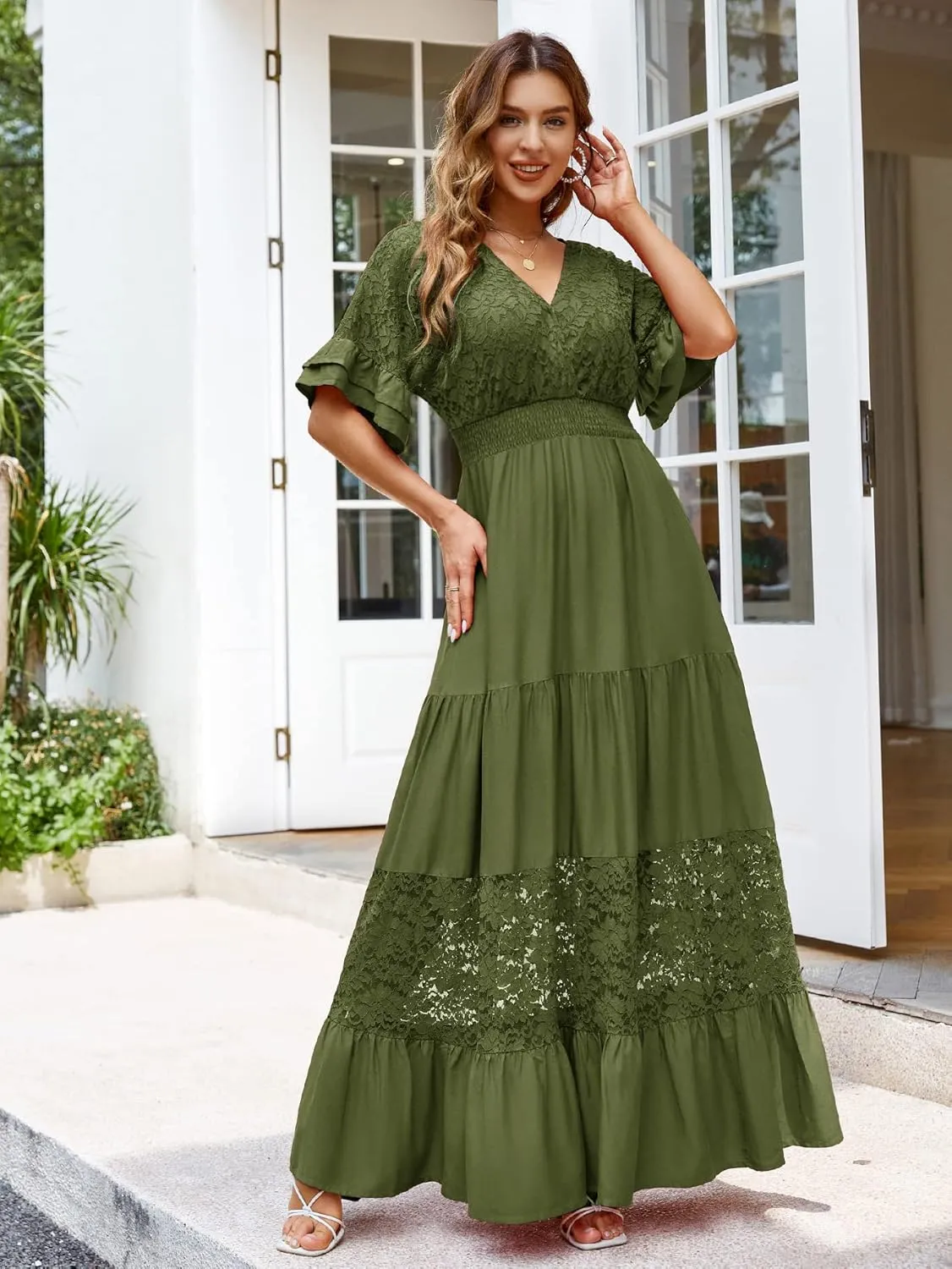 Simplee Women V Neck Formal Lace Maxi Dress Ruffle Flowy Short Sleeve Boho Wedding Guest Long Dress