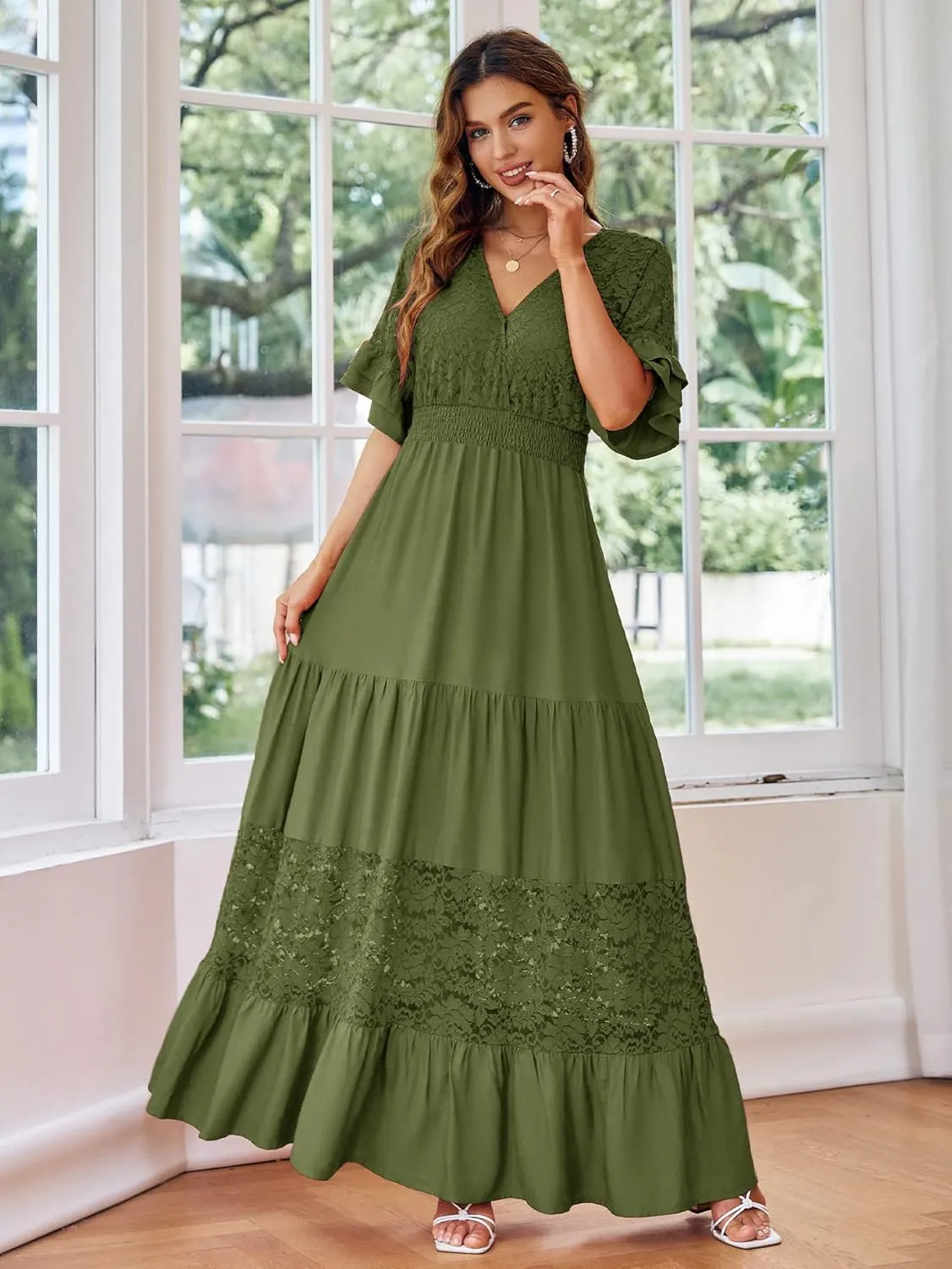 Simplee Women V Neck Formal Lace Maxi Dress Ruffle Flowy Short Sleeve Boho Wedding Guest Long Dress