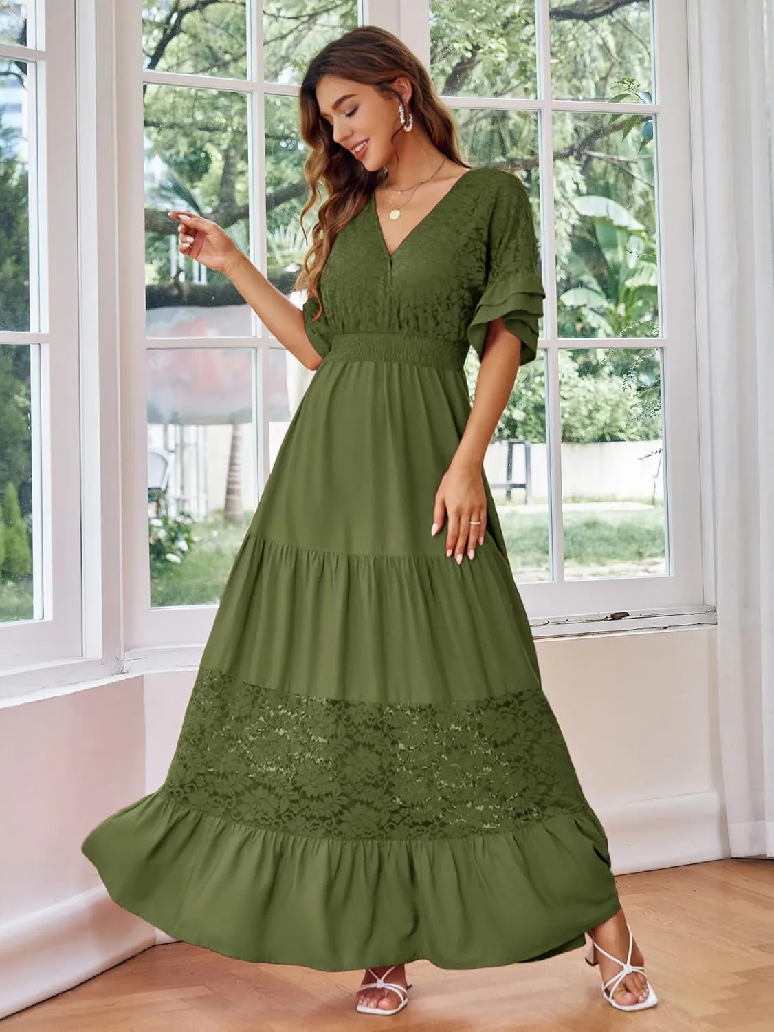 Simplee Women V Neck Formal Lace Maxi Dress Ruffle Flowy Short Sleeve Boho Wedding Guest Long Dress