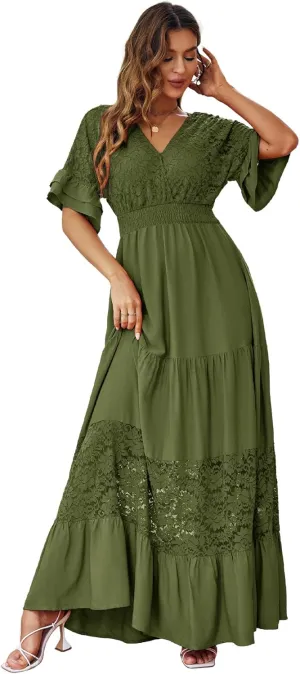Simplee Women V Neck Formal Lace Maxi Dress Ruffle Flowy Short Sleeve Boho Wedding Guest Long Dress