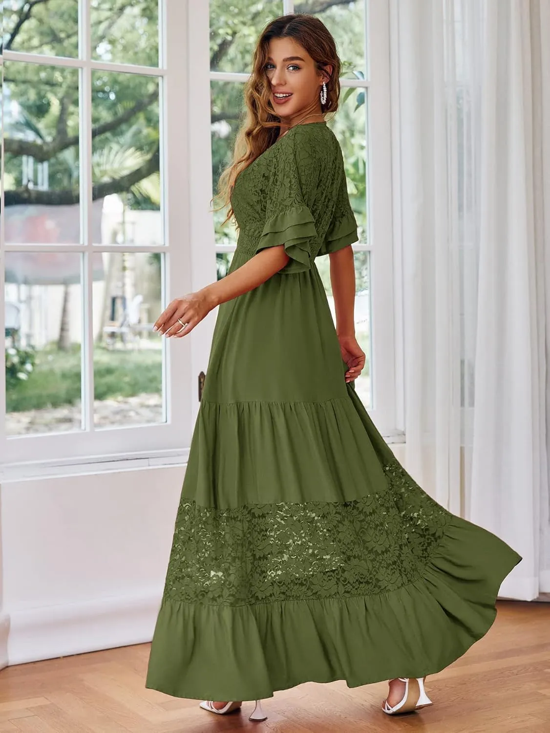 Simplee Women V Neck Formal Lace Maxi Dress Ruffle Flowy Short Sleeve Boho Wedding Guest Long Dress
