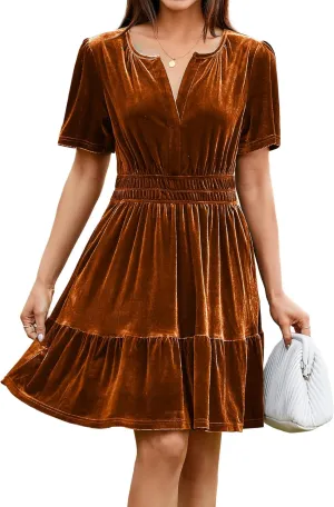 Simplee Women's 2024 Velvet Short Sleeve Cocktail Dress Winter Holiday V Neck Empire Waist Mini Party Dress with Pockets