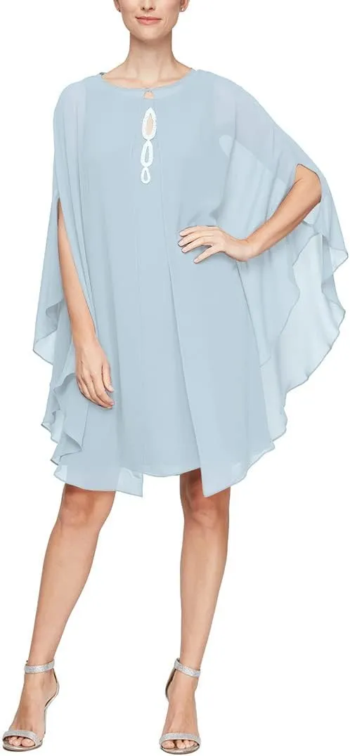 S.L. Fashions Women's Floral Foil Print Sheath Dress with Chiffon Capelet