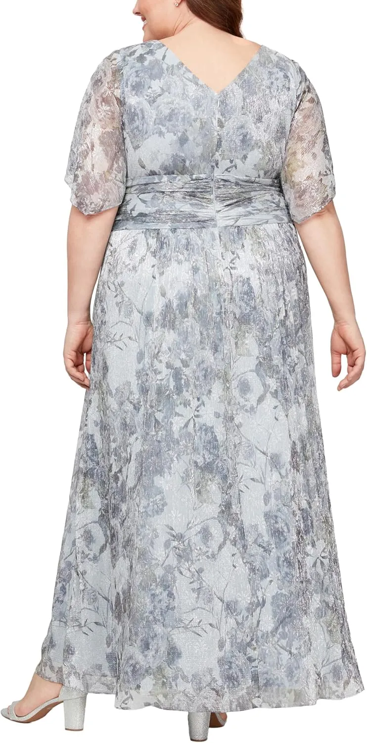 S.L. Fashions Women's Plus Size Long A-line Gown W/Flutter Sleeves & Ruched Waist, Wedding Guest, Party Dress