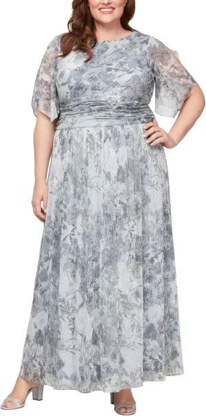 S.L. Fashions Women's Plus Size Long A-line Gown W/Flutter Sleeves & Ruched Waist, Wedding Guest, Party Dress