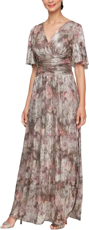 S.L. Fashions Women's Plus Size Long A-line Gown W/Flutter Sleeves & Ruched Waist, Wedding Guest, Party Dress