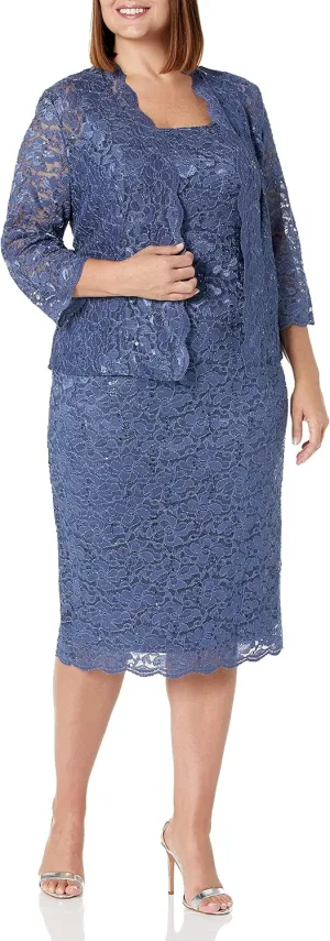 S.L. Fashions Women's Tea Length Sequin Lace Mother of The Bride Dress with Illusion Sleeve Jacket (Plus Size)
