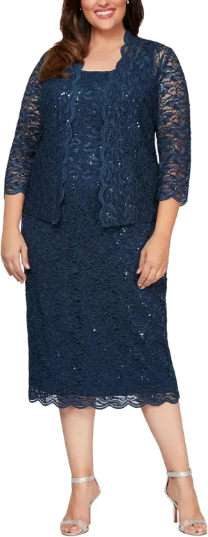 S.L. Fashions Women's Tea Length Sequin Lace Mother of The Bride Dress with Illusion Sleeve Jacket (Plus Size)