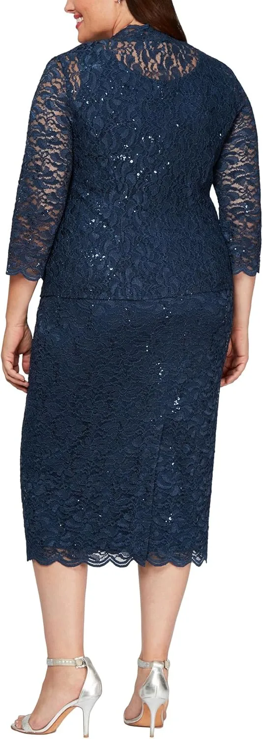 S.L. Fashions Women's Tea Length Sequin Lace Mother of The Bride Dress with Illusion Sleeve Jacket (Plus Size)