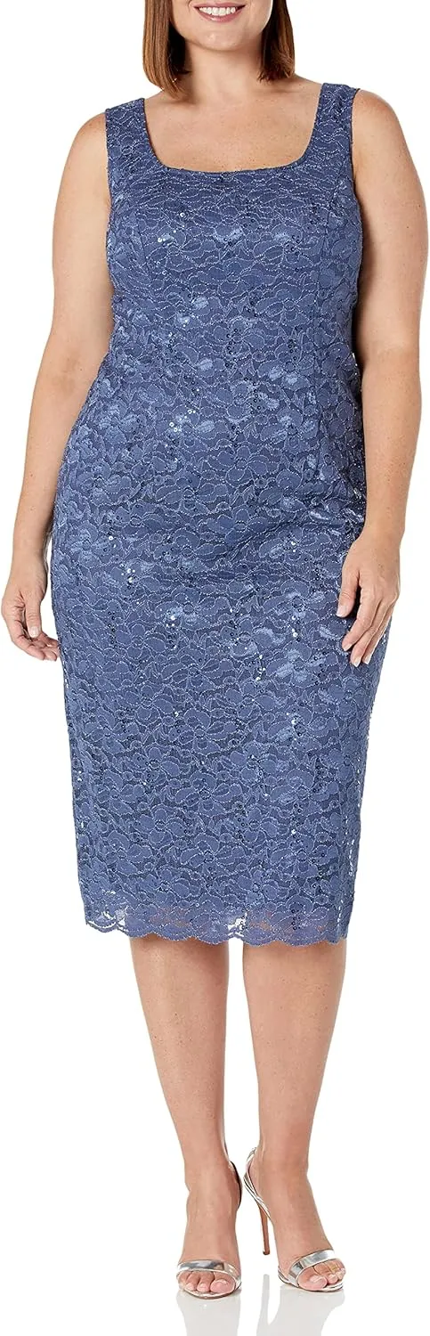 S.L. Fashions Women's Tea Length Sequin Lace Mother of The Bride Dress with Illusion Sleeve Jacket (Plus Size)