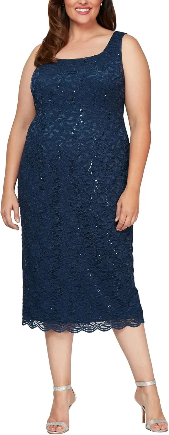 S.L. Fashions Women's Tea Length Sequin Lace Mother of The Bride Dress with Illusion Sleeve Jacket (Plus Size)