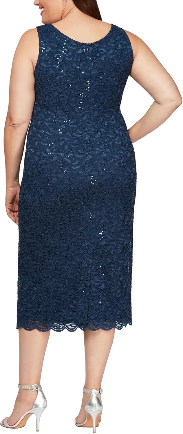 S.L. Fashions Women's Tea Length Sequin Lace Mother of The Bride Dress with Illusion Sleeve Jacket (Plus Size)