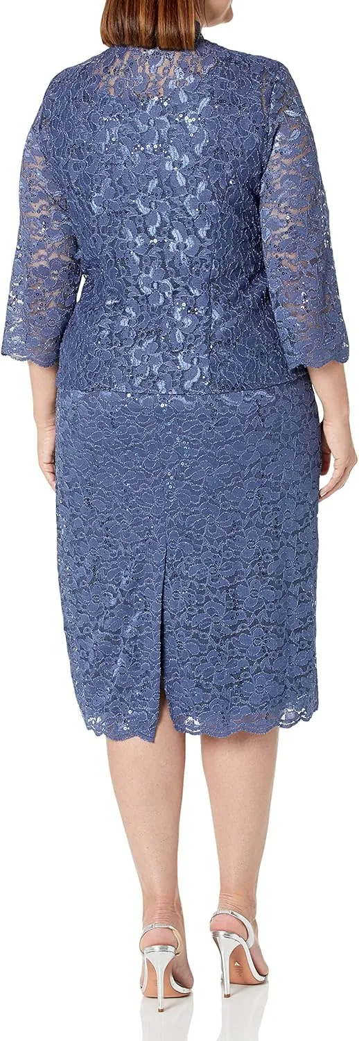 S.L. Fashions Women's Tea Length Sequin Lace Mother of The Bride Dress with Illusion Sleeve Jacket (Plus Size)