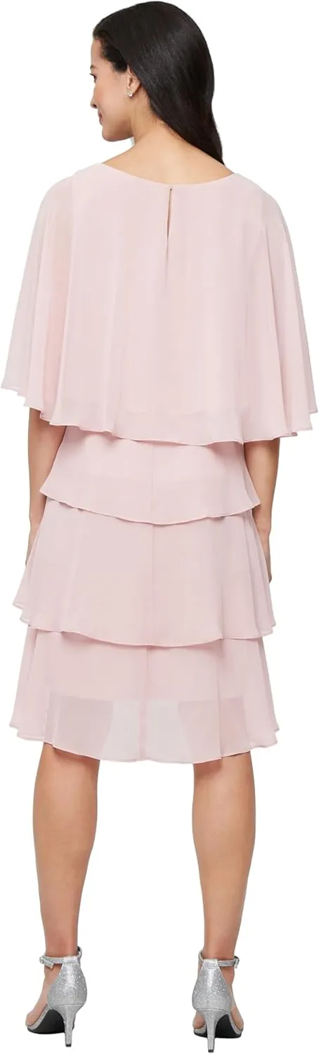 S.L. Fashions Women's Tiered Chiffon Cocktail Party Dress with Attached Cape & Beaded Shoulders (Petite and Regular Sizes)