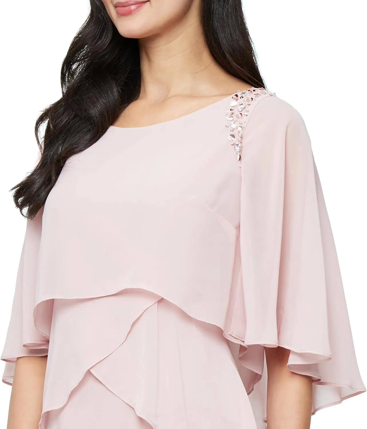 S.L. Fashions Women's Tiered Chiffon Cocktail Party Dress with Attached Cape & Beaded Shoulders (Petite and Regular Sizes)