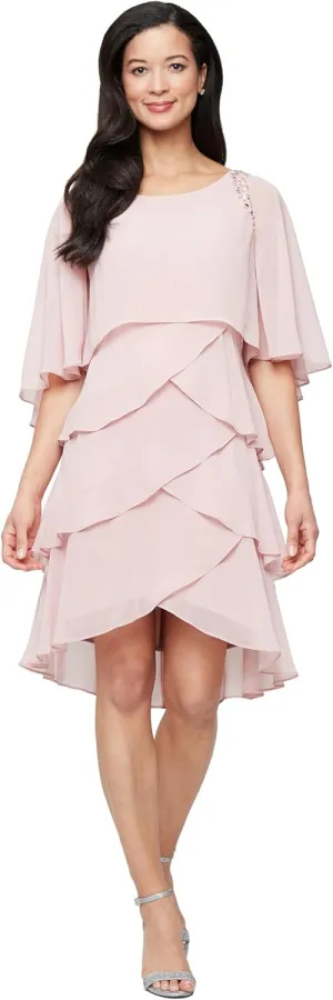 S.L. Fashions Women's Tiered Chiffon Cocktail Party Dress with Attached Cape & Beaded Shoulders (Petite and Regular Sizes)