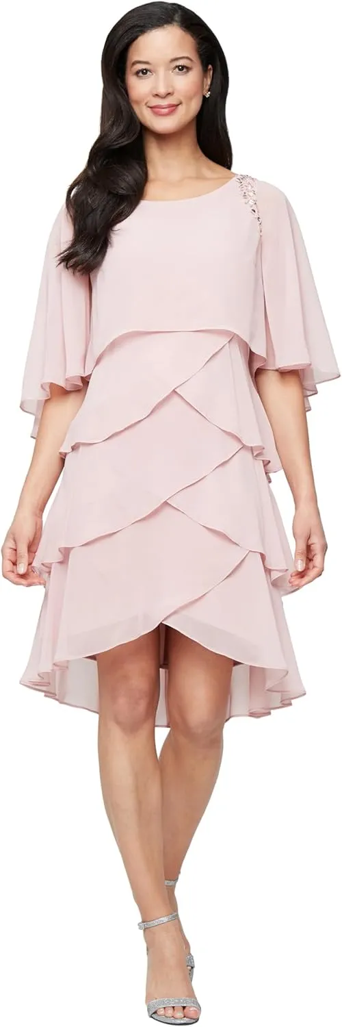 S.L. Fashions Women's Tiered Chiffon Cocktail Party Dress with Attached Cape & Beaded Shoulders (Petite and Regular Sizes)