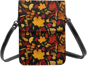 Small Crossbody Bags for Women, Leather Autumn Maple Leaves A Cell Phone Cross Body Bag Wallet Purses