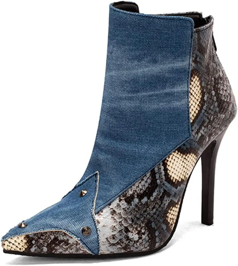 Snakeskin Pointed Toe Ankle Boots Stiletto High Heels Back Zipper Low Boots