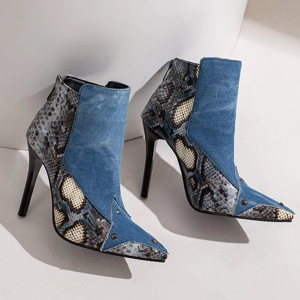 Snakeskin Pointed Toe Ankle Boots Stiletto High Heels Back Zipper Low Boots