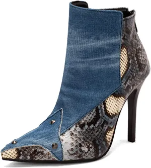 Snakeskin Pointed Toe Ankle Boots Stiletto High Heels Back Zipper Low Boots