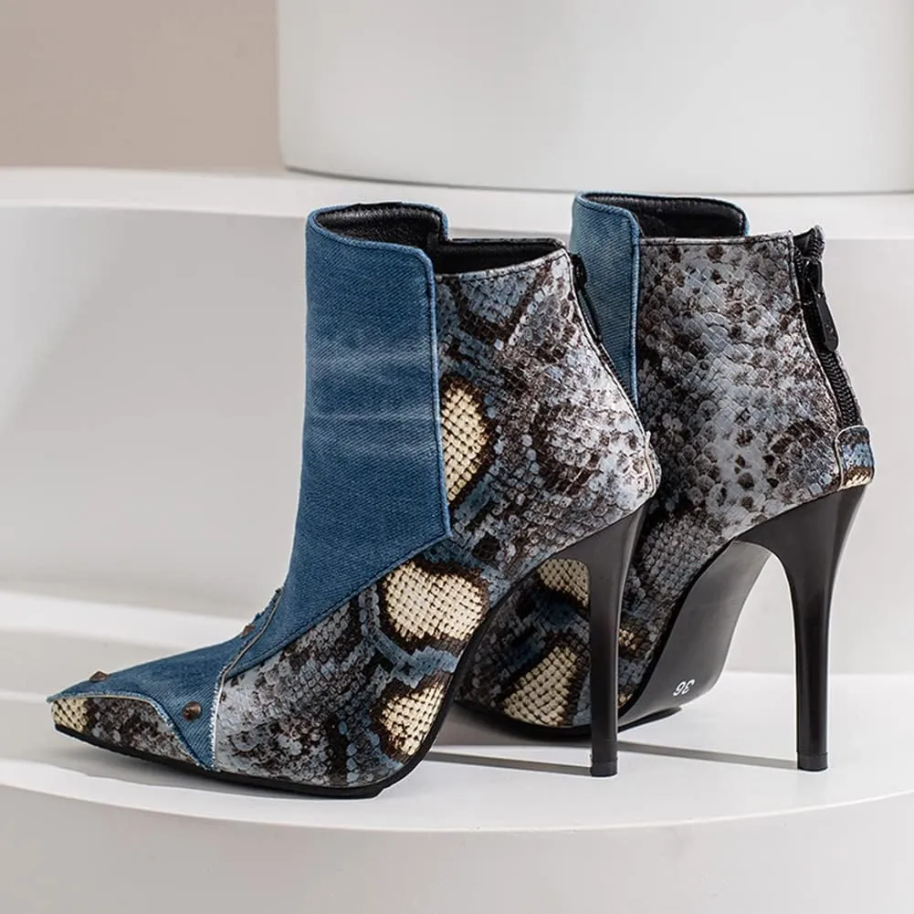 Snakeskin Pointed Toe Ankle Boots Stiletto High Heels Back Zipper Low Boots