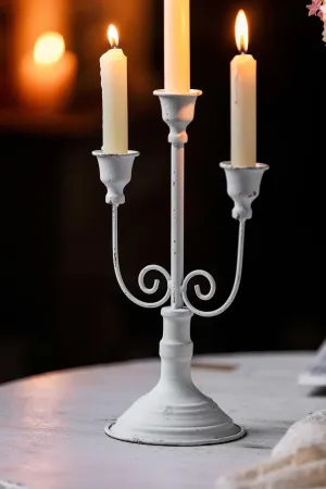 SOFE Antique 3 Arm Candelabra 12 Inch Tall White Metal Candelabra Centerpieces for Tables, Handmade Shabby Chic Candle Holder Decor, Farmhouse Tapered Candlestick Holders for Wedding Party Home