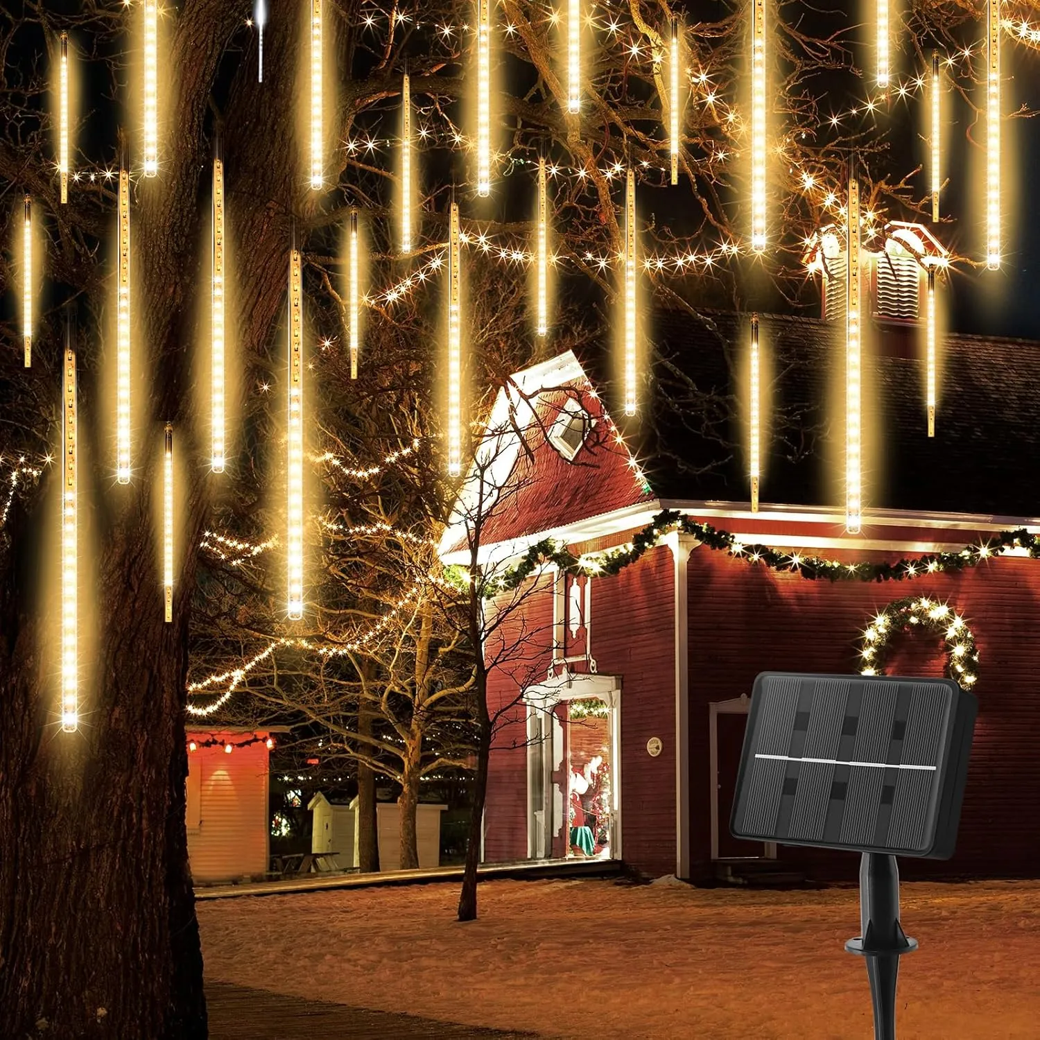 Solar Meteor Shower Lights, 20 Tubes 480 LED, Waterproof Christmas Decorations, Cascading Falling Rain for Tree Bushes Holiday Parties Patio Decor, Warm White