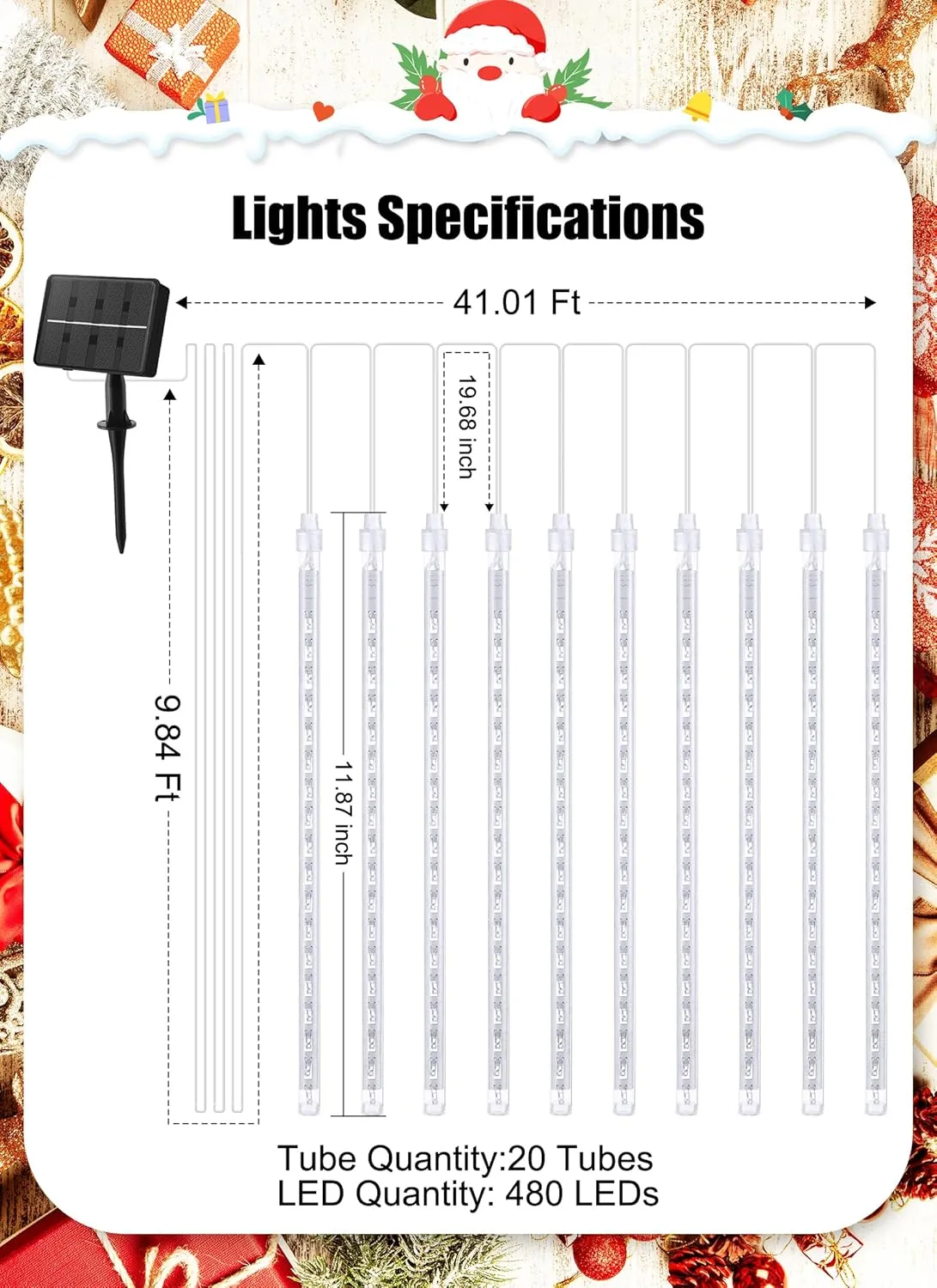 Solar Meteor Shower Lights, 20 Tubes 480 LED, Waterproof Christmas Decorations, Cascading Falling Rain for Tree Bushes Holiday Parties Patio Decor, Warm White