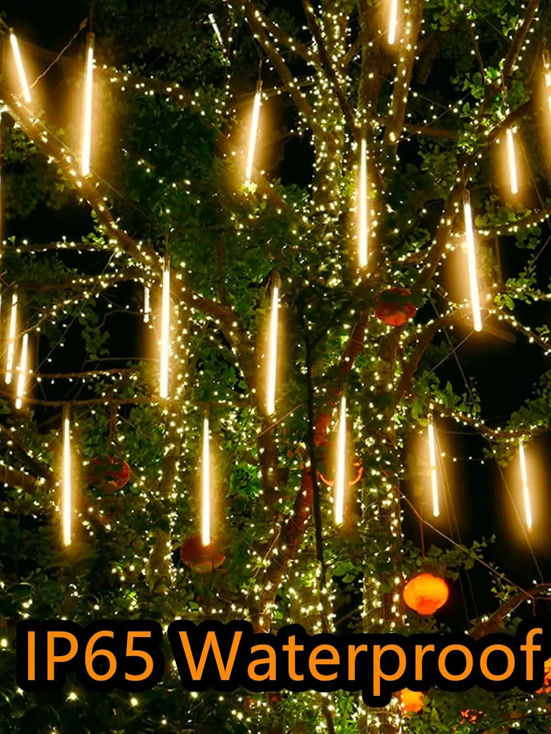 Solar Meteor Shower Lights, 20 Tubes 480 LED, Waterproof Christmas Decorations, Cascading Falling Rain for Tree Bushes Holiday Parties Patio Decor, Warm White