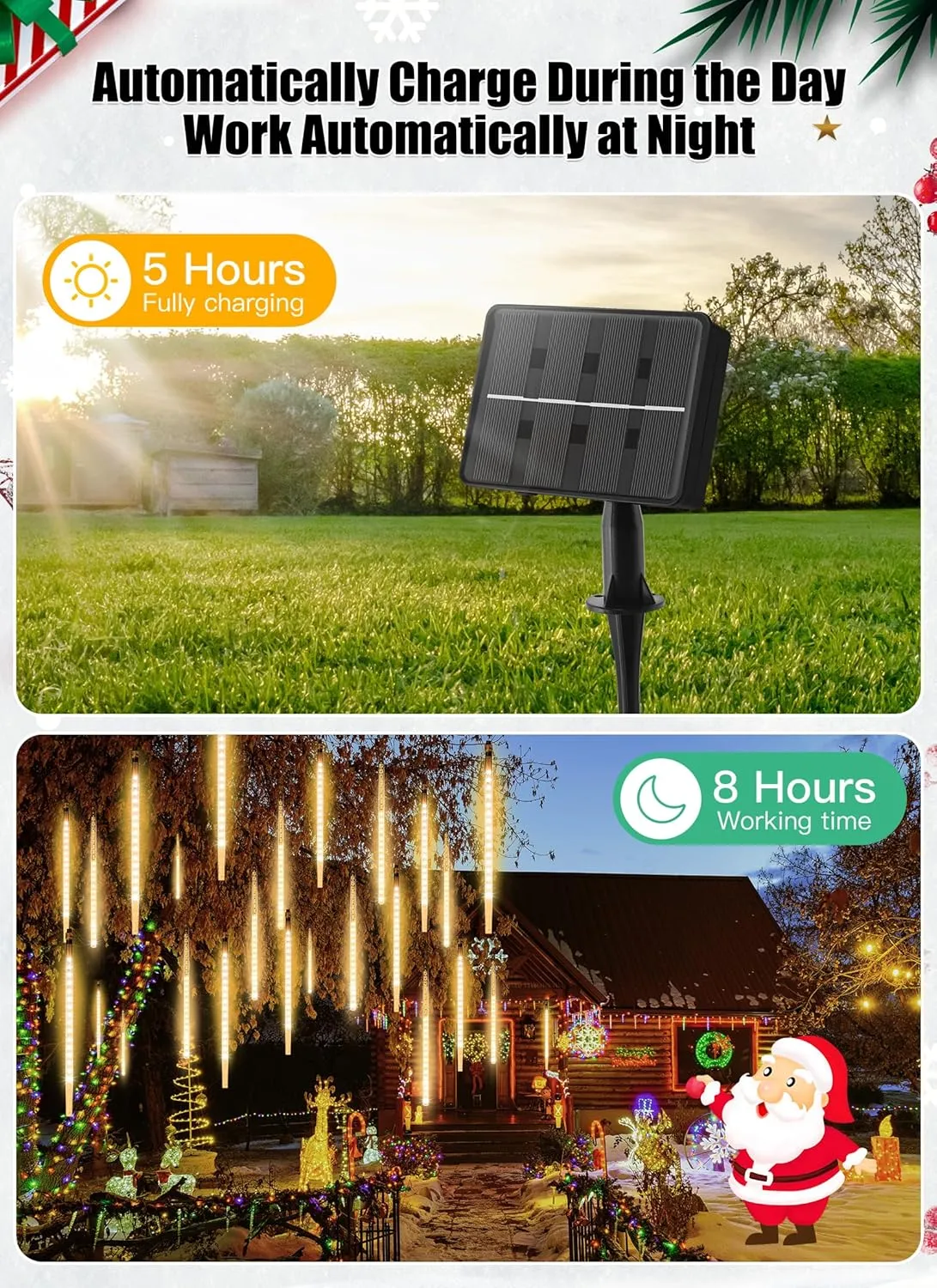 Solar Meteor Shower Lights, 20 Tubes 480 LED, Waterproof Christmas Decorations, Cascading Falling Rain for Tree Bushes Holiday Parties Patio Decor, Warm White