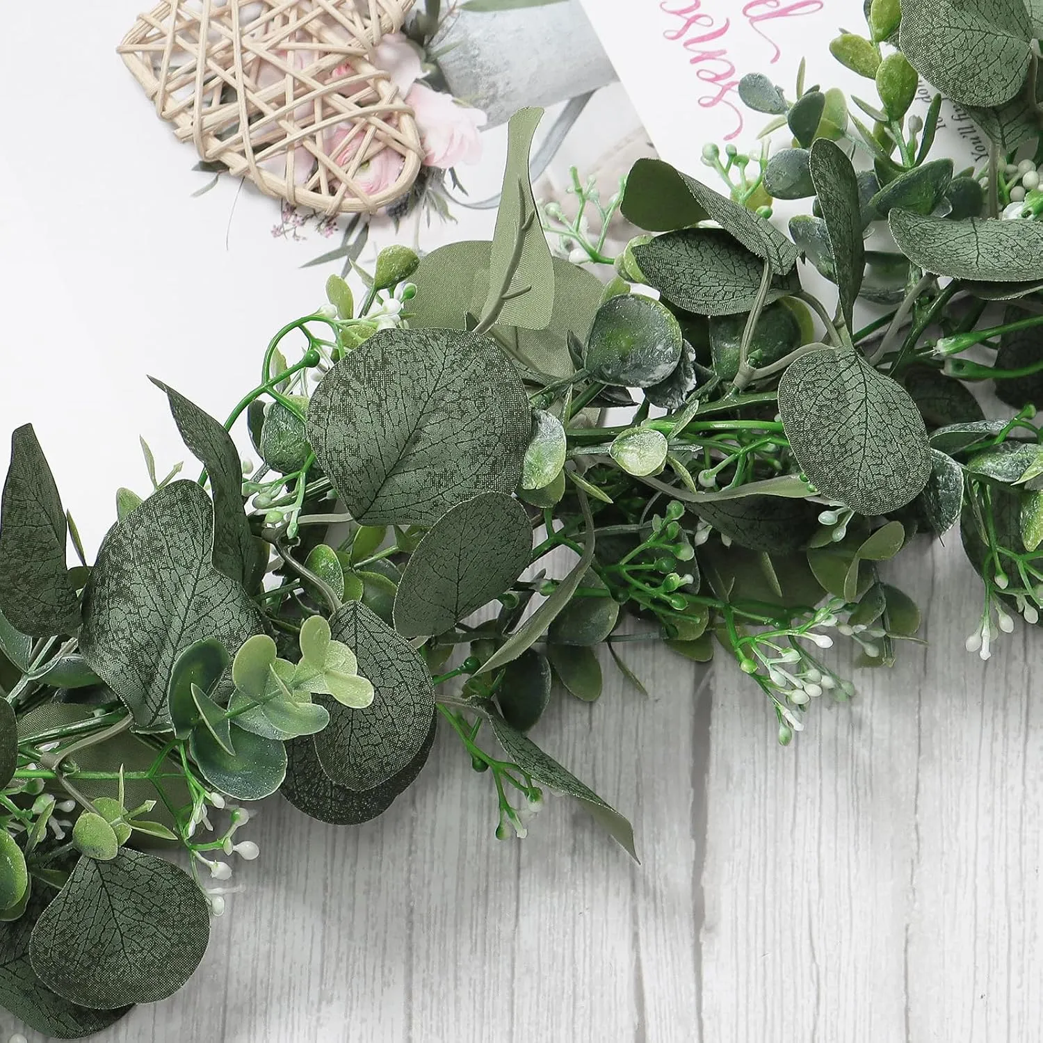SOMYTING 2PCS 6FT Artificial Mixed Eucalyptus Leaves Garland Faux Silver Dollar Eucalyptus with White Seeds Greenery Vines for Wedding Arch Backdrop Table Mantel Christmas Indoor Outdoor Decor