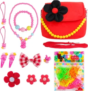 SOTOGO 13 Pieces Little Girls Purse Jewelry Set Toddler Flower Purse Cute Princess Handbags Shoulder Messenger Bag for Kids Crossbody Bag Dress Up Girls Jewelry Pretend Play