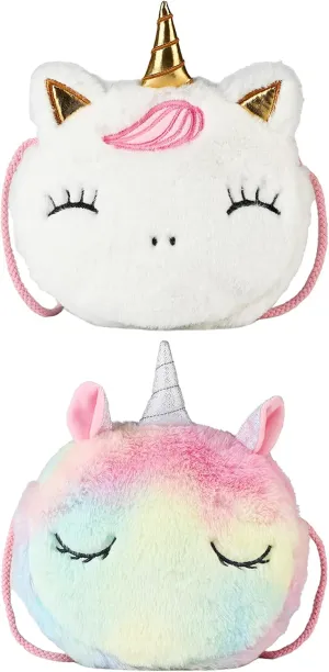 SOTOGO 2 Pieces Little Girl Purses Toddler Crossbody Purses Plush Unicorn Purse Cute Princess Handbags Shoulder Messenger Bag for Kids