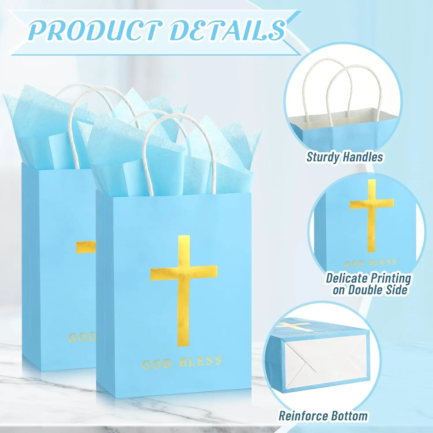 Spakon 24 Pack First Communion Favors for Guests Baptism Favor Bags with Tissue Paper 6x8x3 Inch Christian God Bless Cross Confirmation Gift Bags for Baby Shower Party Church Mothers Day Gift(Blue)