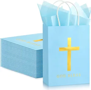 Spakon 24 Pack First Communion Favors for Guests Baptism Favor Bags with Tissue Paper 6x8x3 Inch Christian God Bless Cross Confirmation Gift Bags for Baby Shower Party Church Mothers Day Gift(Blue)