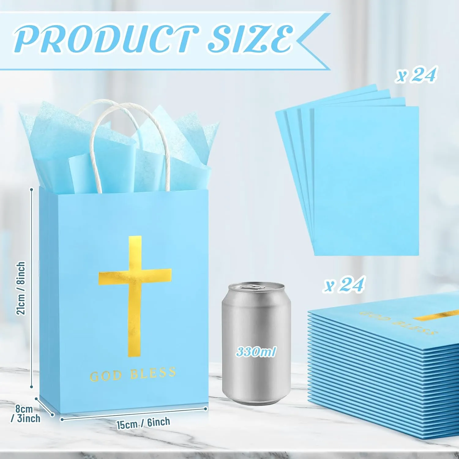 Spakon 24 Pack First Communion Favors for Guests Baptism Favor Bags with Tissue Paper 6x8x3 Inch Christian God Bless Cross Confirmation Gift Bags for Baby Shower Party Church Mothers Day Gift(Blue)