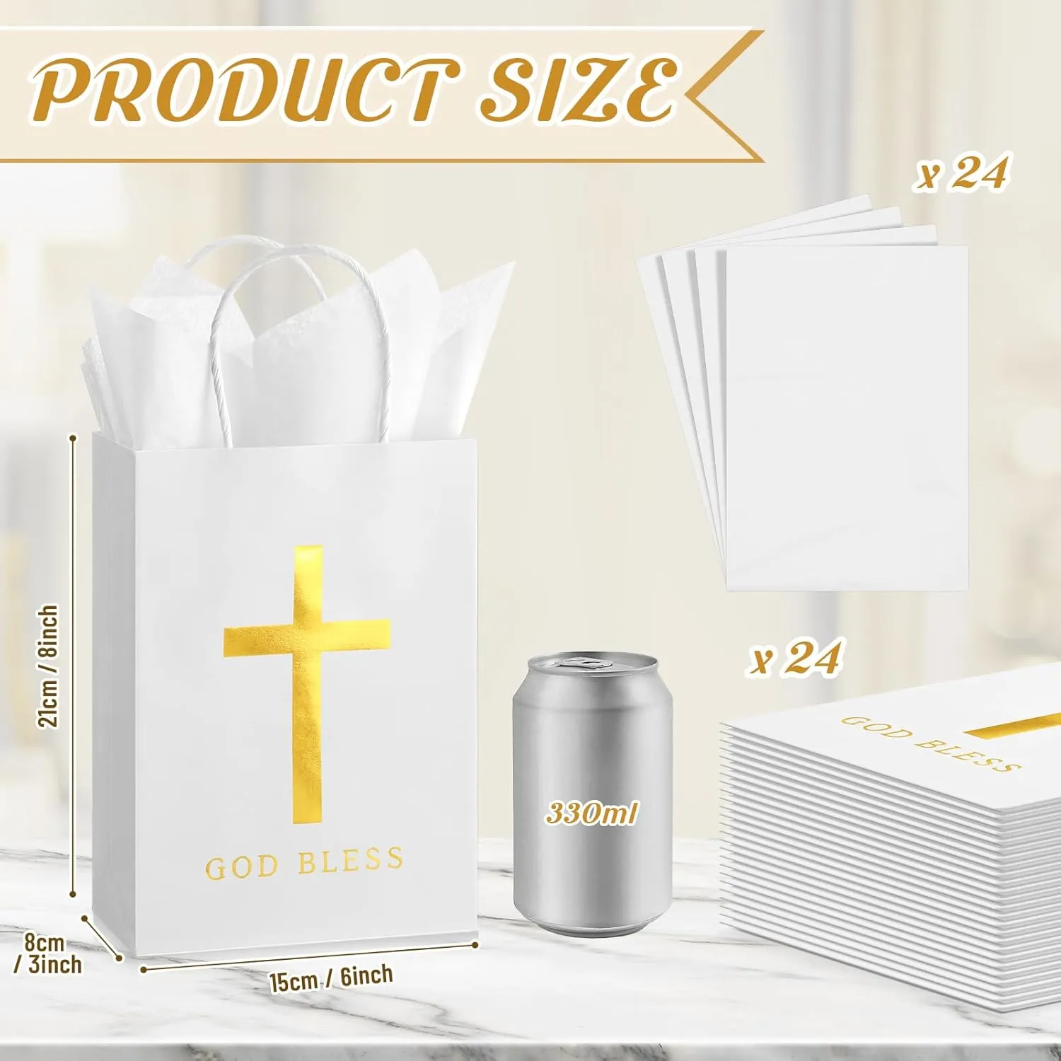 Spakon 24 Pack First Communion Favors for Guests Baptism Favor Bags with Tissue Paper 6x8x3 Inch Christian God Bless Cross Confirmation Gift Bags for Baby Shower Party Church Mothers Day Gift(White)